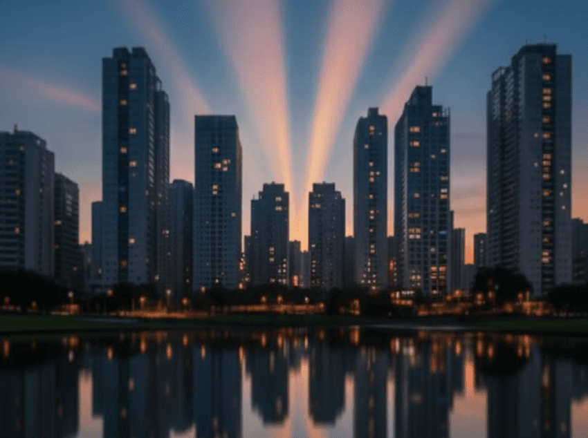 Engenheiro com capacete em fundo de cidade ao por do sol